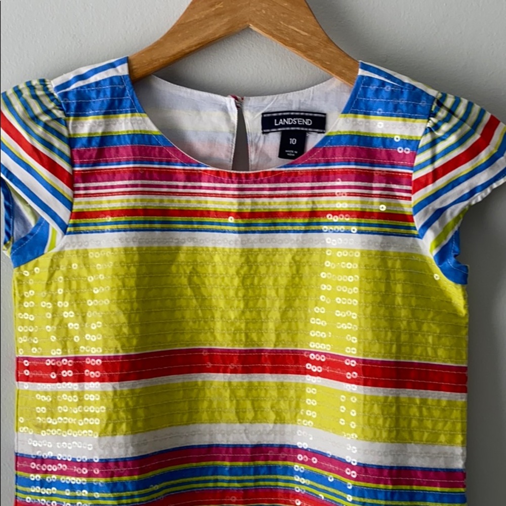 Lands' End Girls' Bright Multi-Stripe Sequin Dress - Yellow, Blue, Red, White - Picture 2 of 7